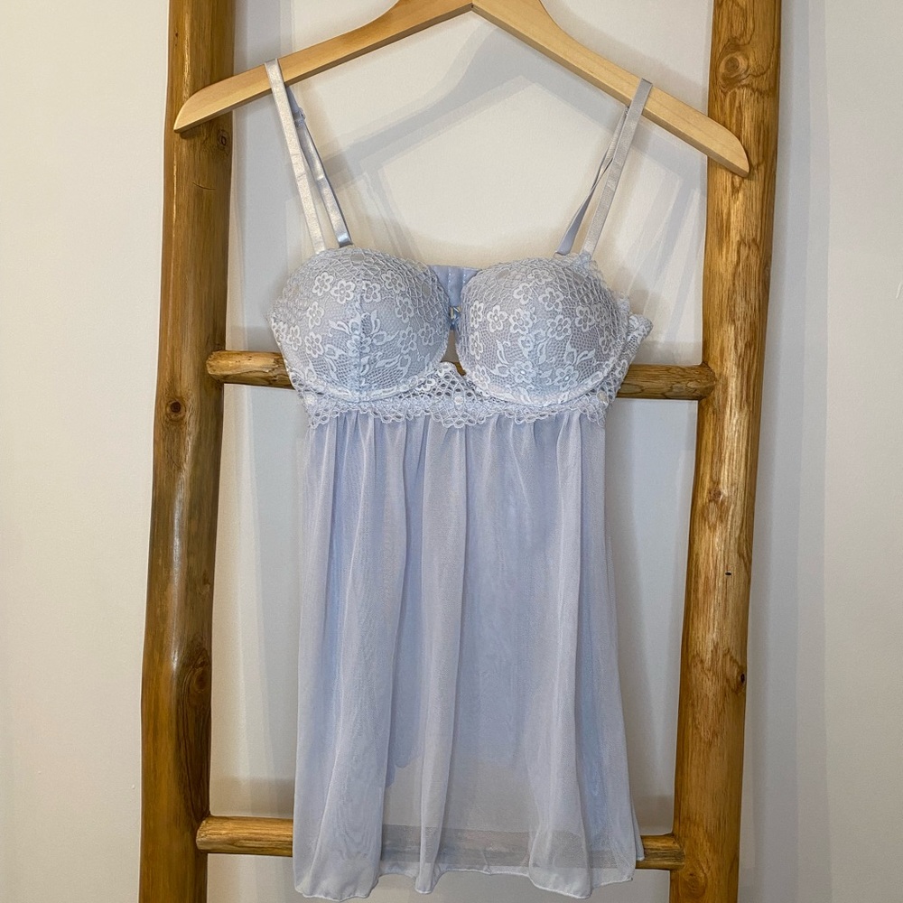 Mesh Babydoll Chemise Lingerie Lace Trimmed Light Blue Small Romantic Rave Y2K
